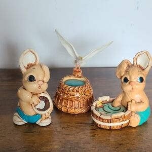 Adorable Vintage Hazel Woodlander Bunny Figurine Set England Pincushion Bird
